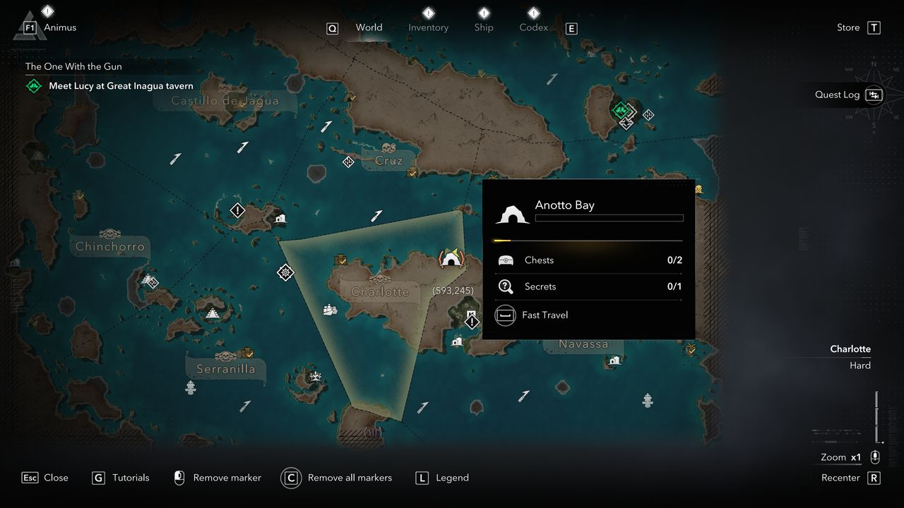 Black Flag treasure maps: A screenshot of the map showing the location of the buried treasure chest in Anotto Bay.