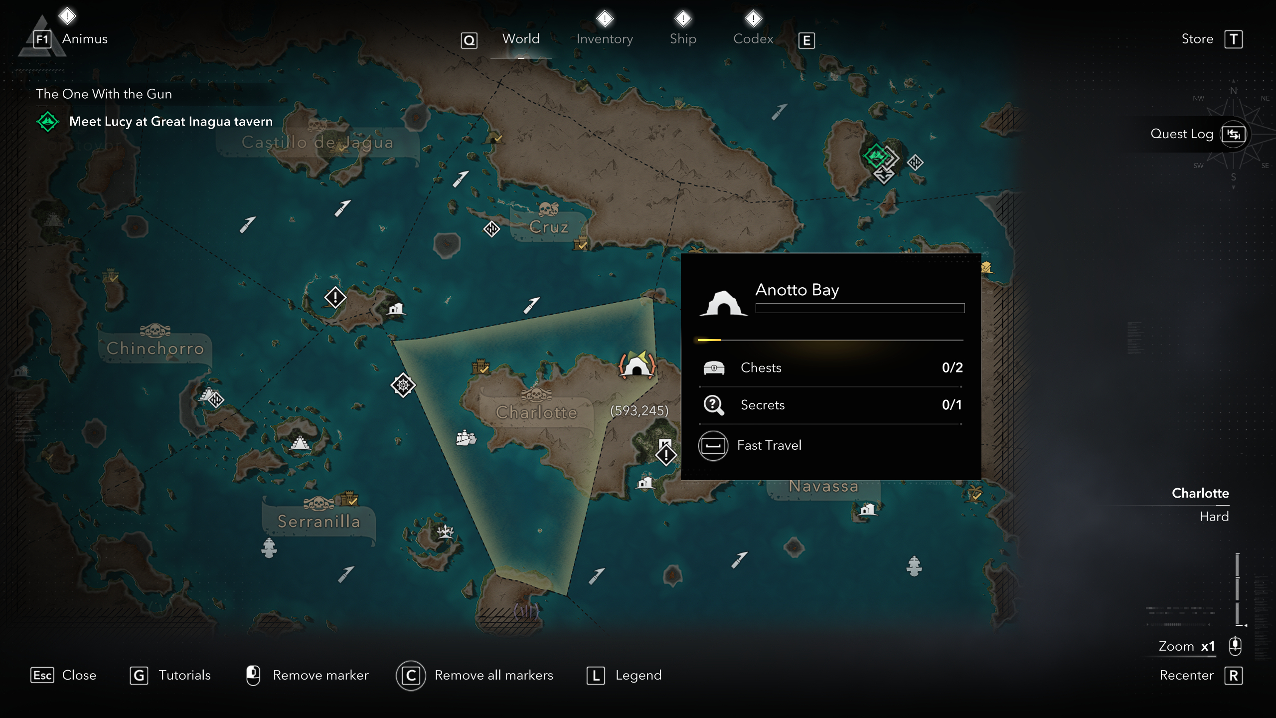 Black Flag treasure maps: A screenshot of the map showing the location of the buried treasure chest in Anotto Bay.