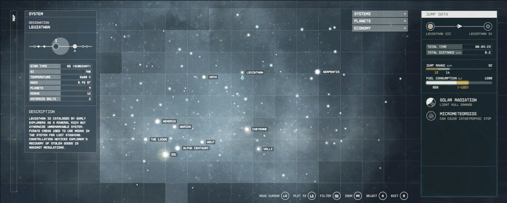 An unused piece of Starfield UI left over in the game's files, showing features like fuel consumption, systemic hazards, and system descriptions.