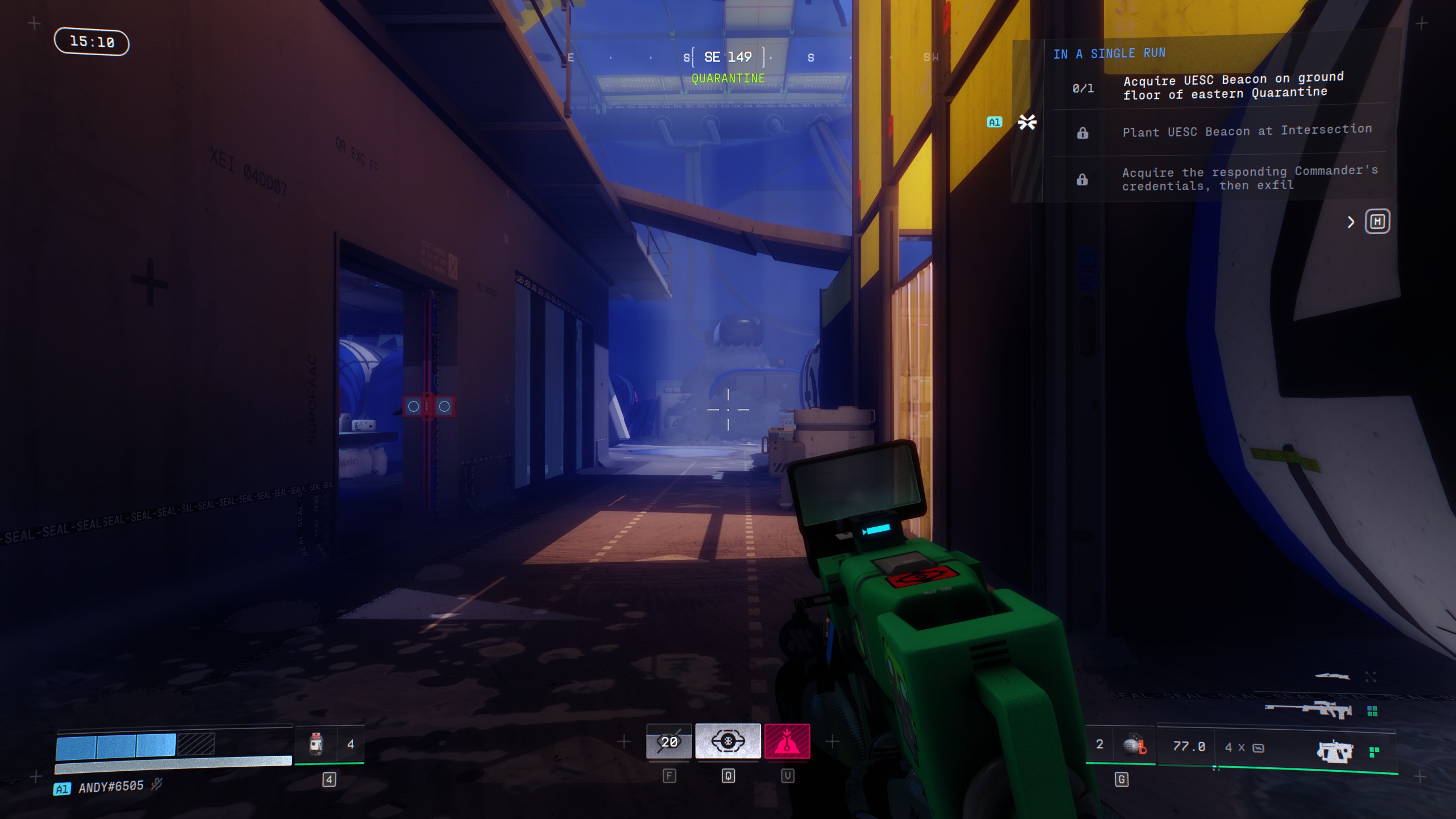 Marathon gameplay showing the player pushing with a volt thrower