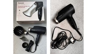 Two adjacent images showing the Panasonic EH-NA67 Enrich + Family Care Hair Dryer with its box and attachments (left) and a closer shot of the dryer and its cable (right)