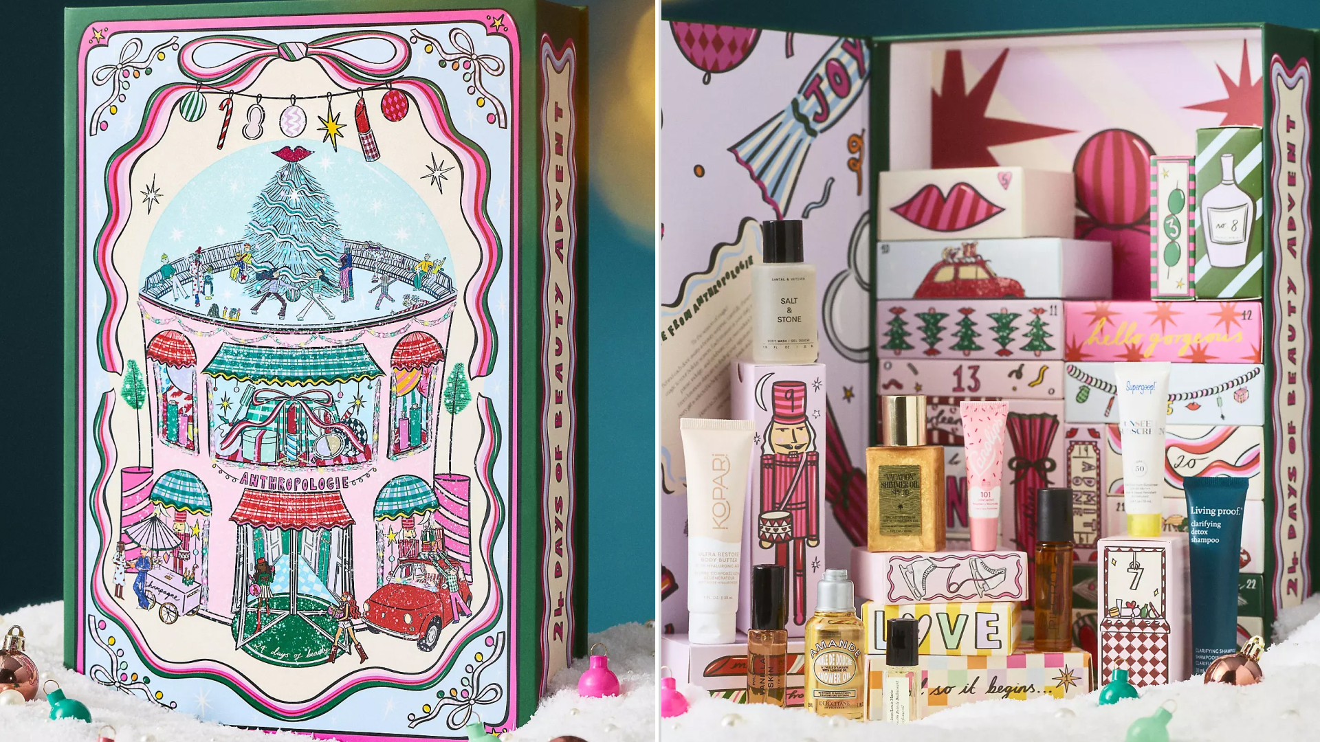 split image of anthropologie&#039;s 2025 beauty advent calendar 
