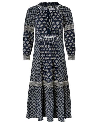 Monsoon Heshna printed midi dress with linen and organic cotton blue