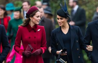 Catherine, Duchess of Cambridge and Meghan, Duchess of Sussex attend Christmas Day Church service at Church of St Mary Magdalene on the Sandringham estate on December 25, 2018