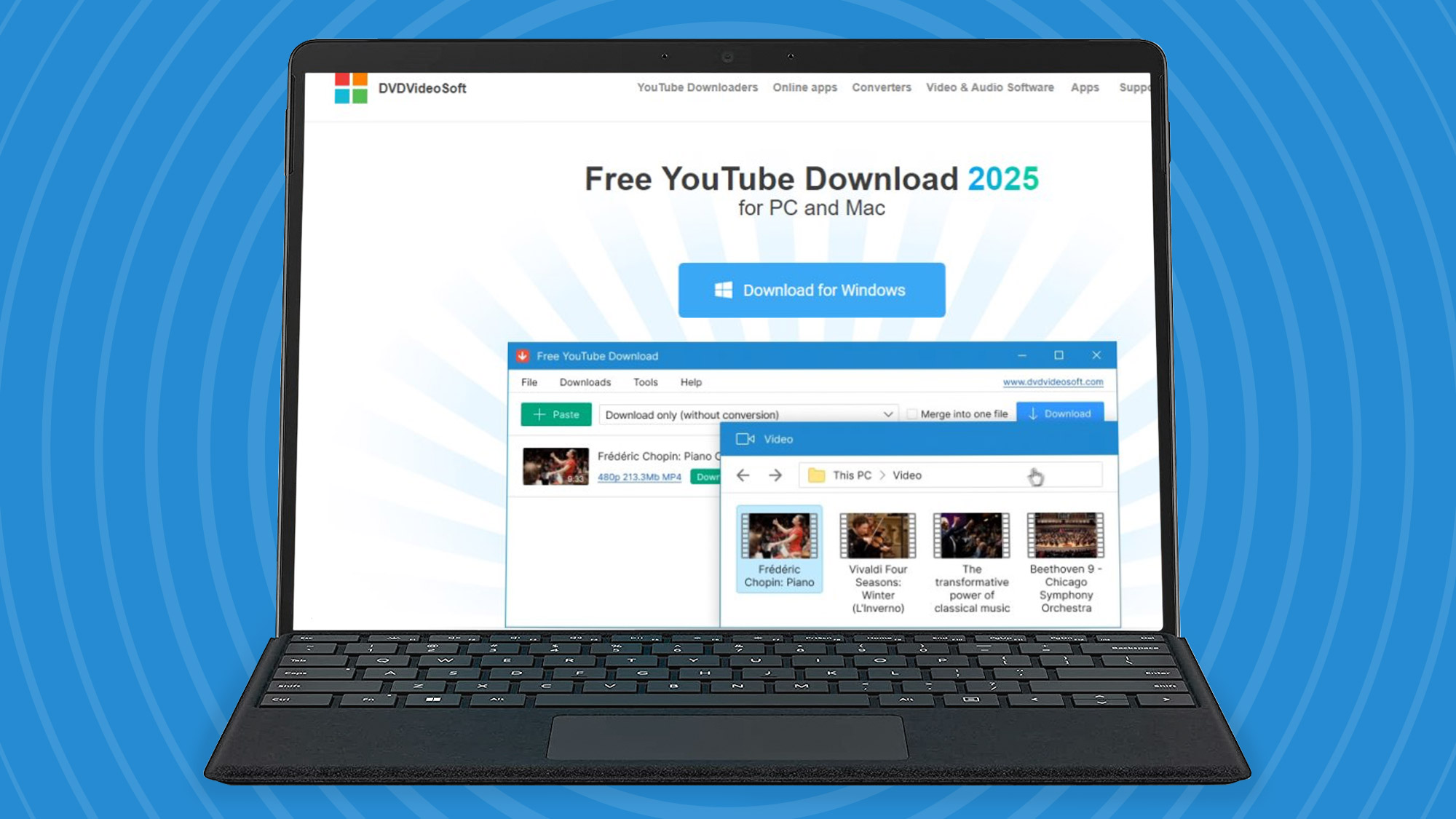 A screenshot from Free YouTube Download on a laptop screen, on a blue background