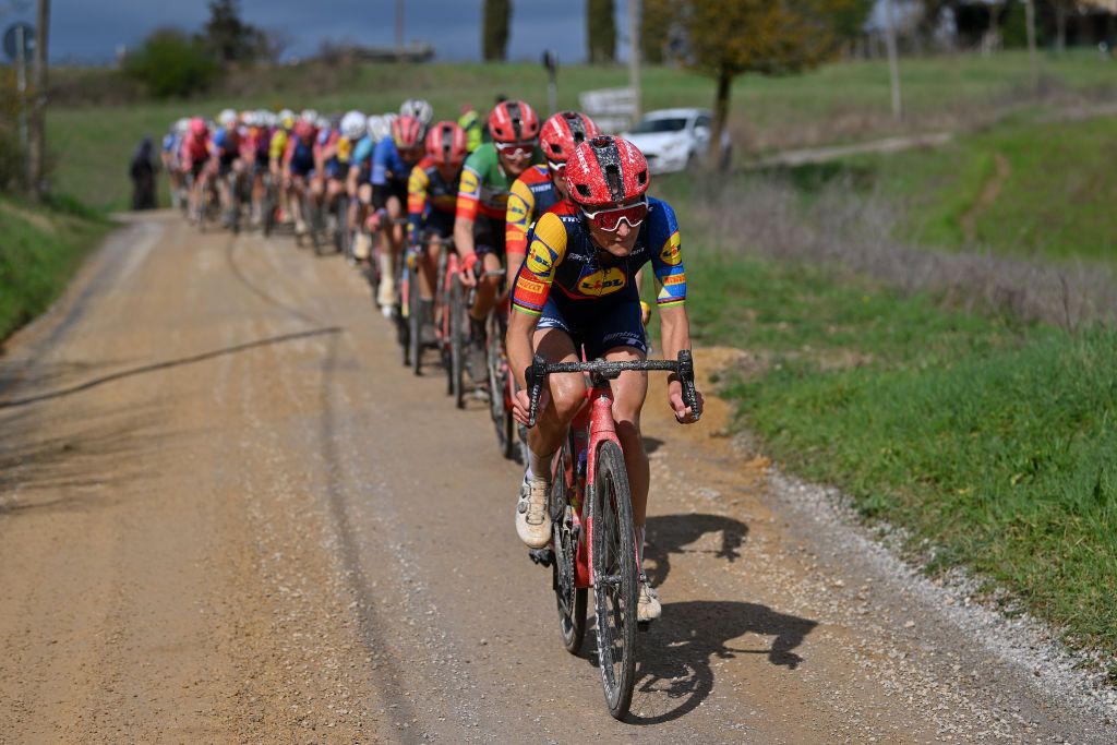 The peloton during Strade Bianche 2024