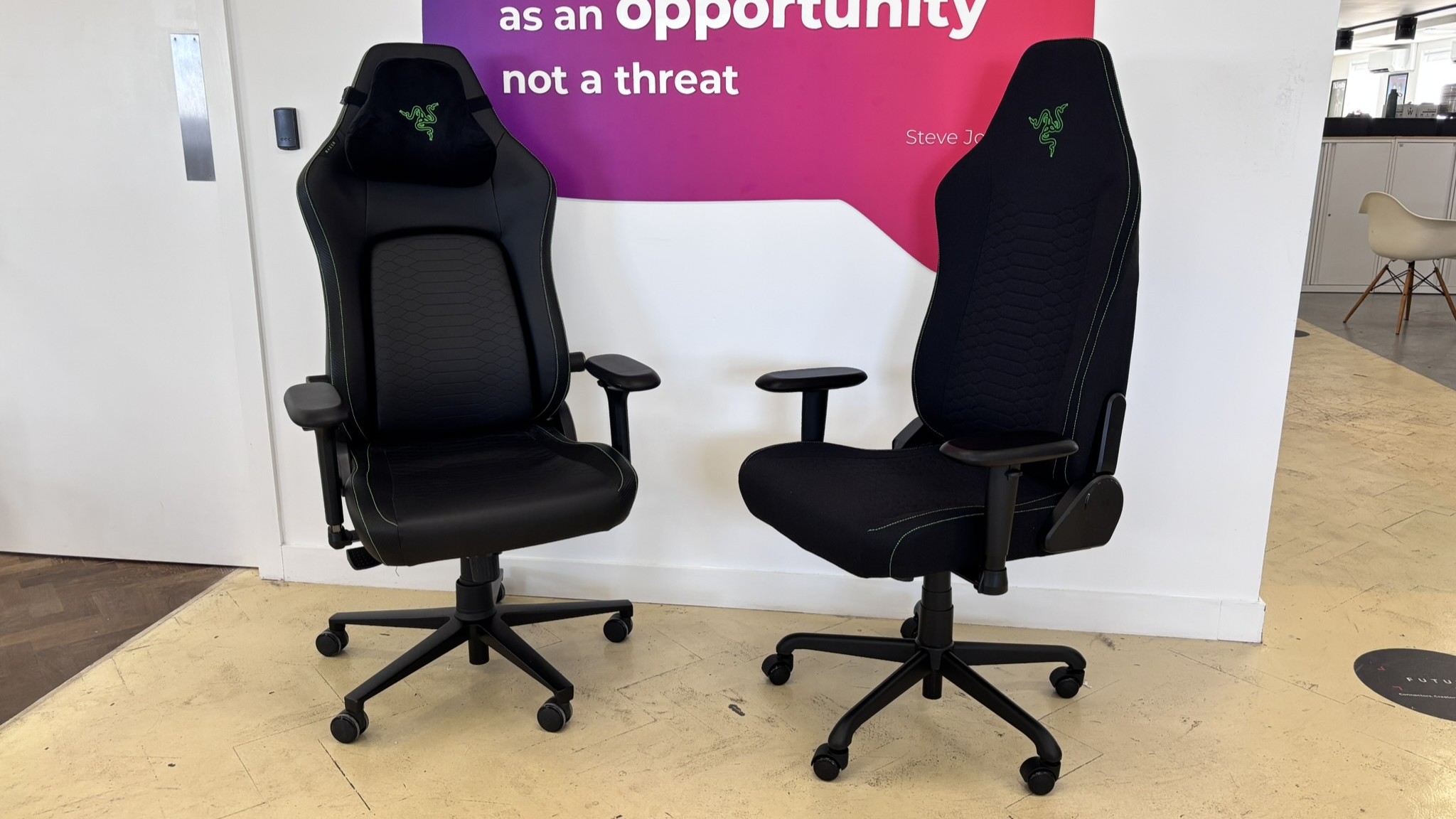 The Razer Iskur V2 X next to the Razer Iskur V2 in an office setting.