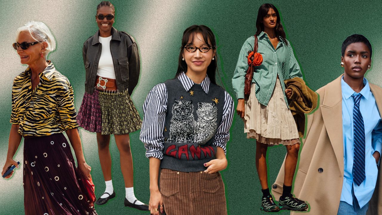 A collage of preppy outfits in street style featuring women wearing button down shirts, plaid pleated skirts, sweater vests, and ties