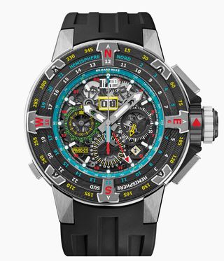 Richard mille watch with a coluorful green dial with multiple time zones