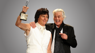 Jeff Beck and Jimmy Page pose in the press room during the 24th Annual Rock and Roll Hall of Fame Induction Ceremony at Public Hall on April 4, 2009 in Cleveland, Ohio. 