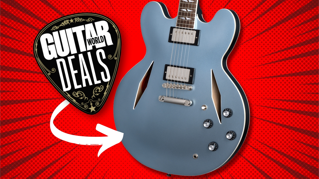 A Dave Grohl signature Epiphone electric guitar on a red background