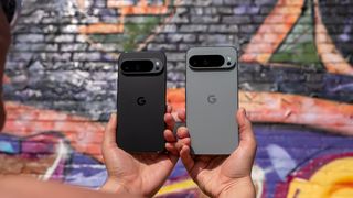 Comparing the sizes of the Obsidian Google Pixel 9 Pro with the Hazel Google Pixel 9 Pro XL