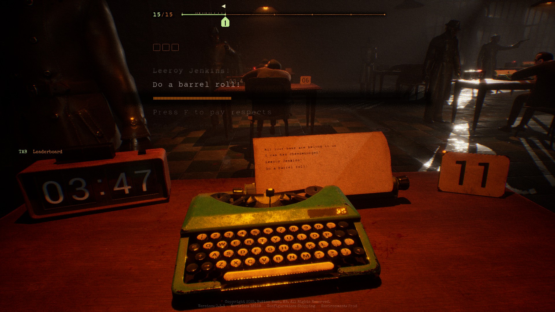 Screenshots from Final Sentence, a battle royale typing game where you need to avoid being shot in a warehouse.