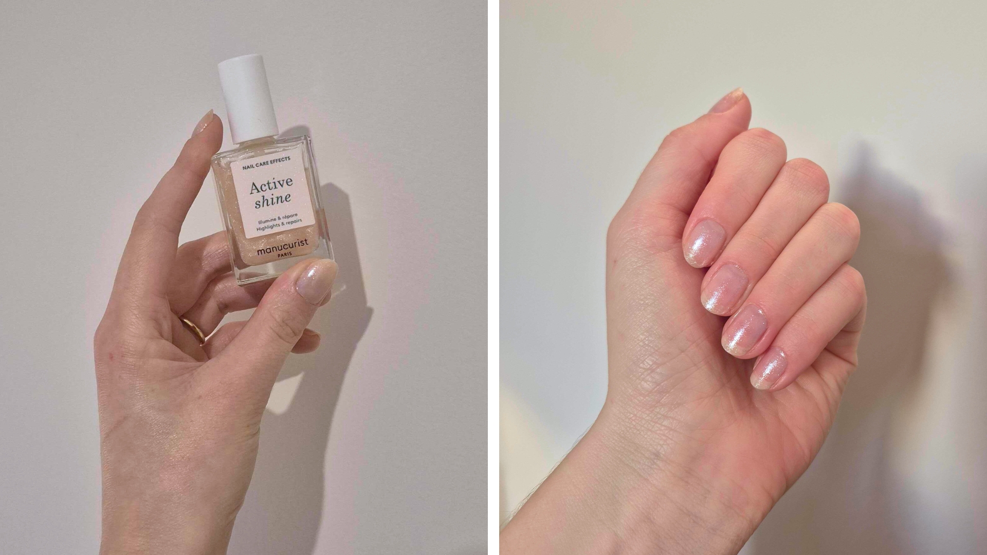 On the left is a close-up of Digital Beauty Writer, Naomi Jamieson&#039;s hand holding a bottle of Manucurist Active Shine, with it also painted on her nails, and on the right, is a close-up of her nails, which have the sheer-pink shimmer applied.