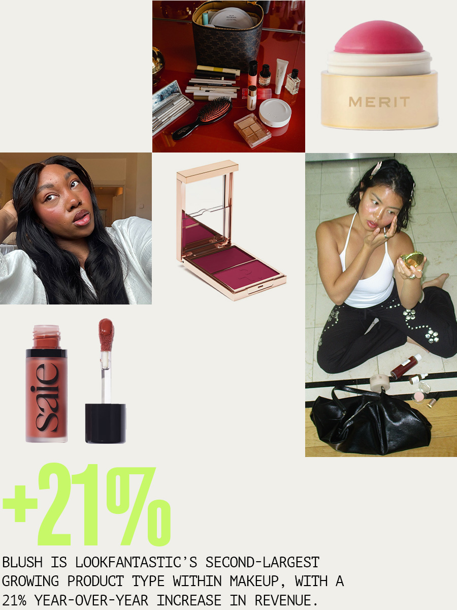 A collage of bestselling blushers, a woman wearing a statement blush look and a woman applying blusher, and a stat from Lookfantastic on blush sales in 2025
