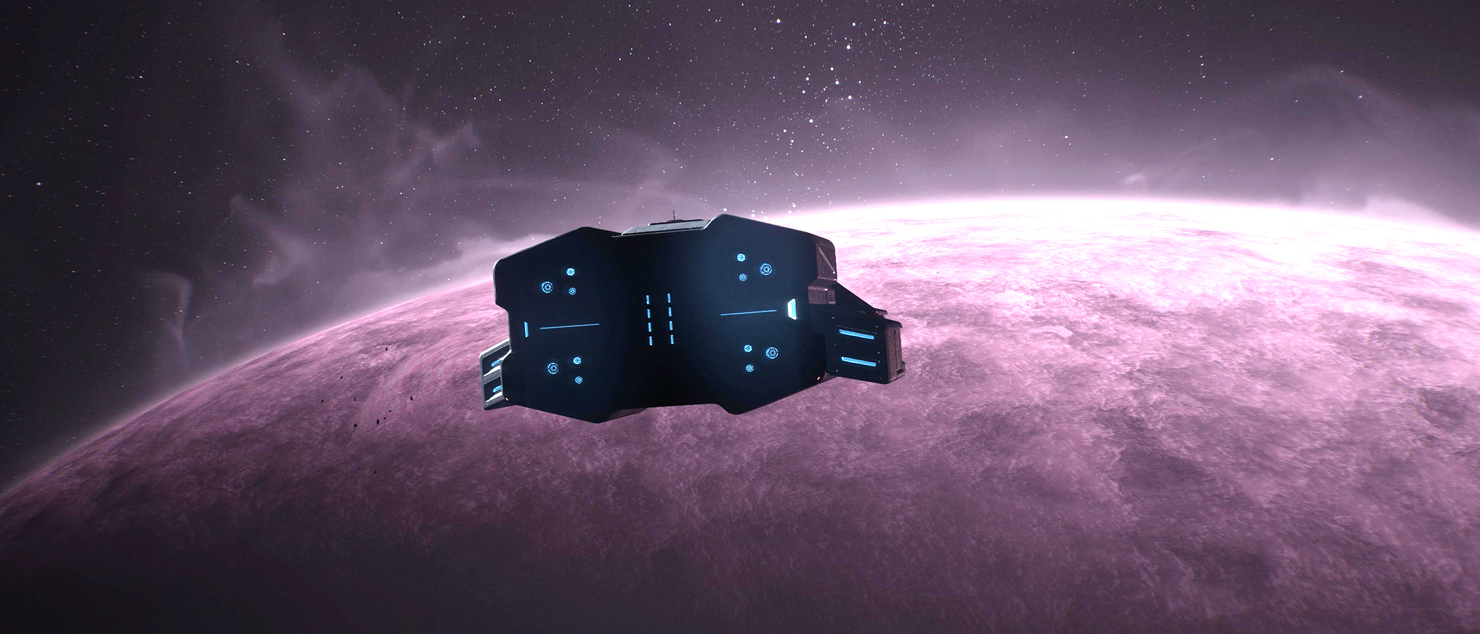 A space ship heads toward a purple planet in video game Directive 8020