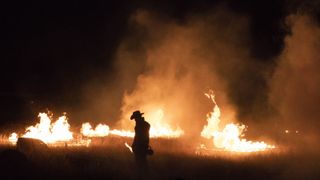 cowboy with a blow torch in a field on fire in Yellowstone