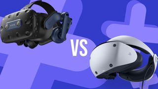 GamesRadar graphic background with the PSVR 2 and HTC Vive Pro 2 squared up with one another