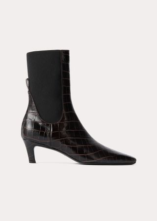 The Mid Heel Leather Boot Dark Brown Croco