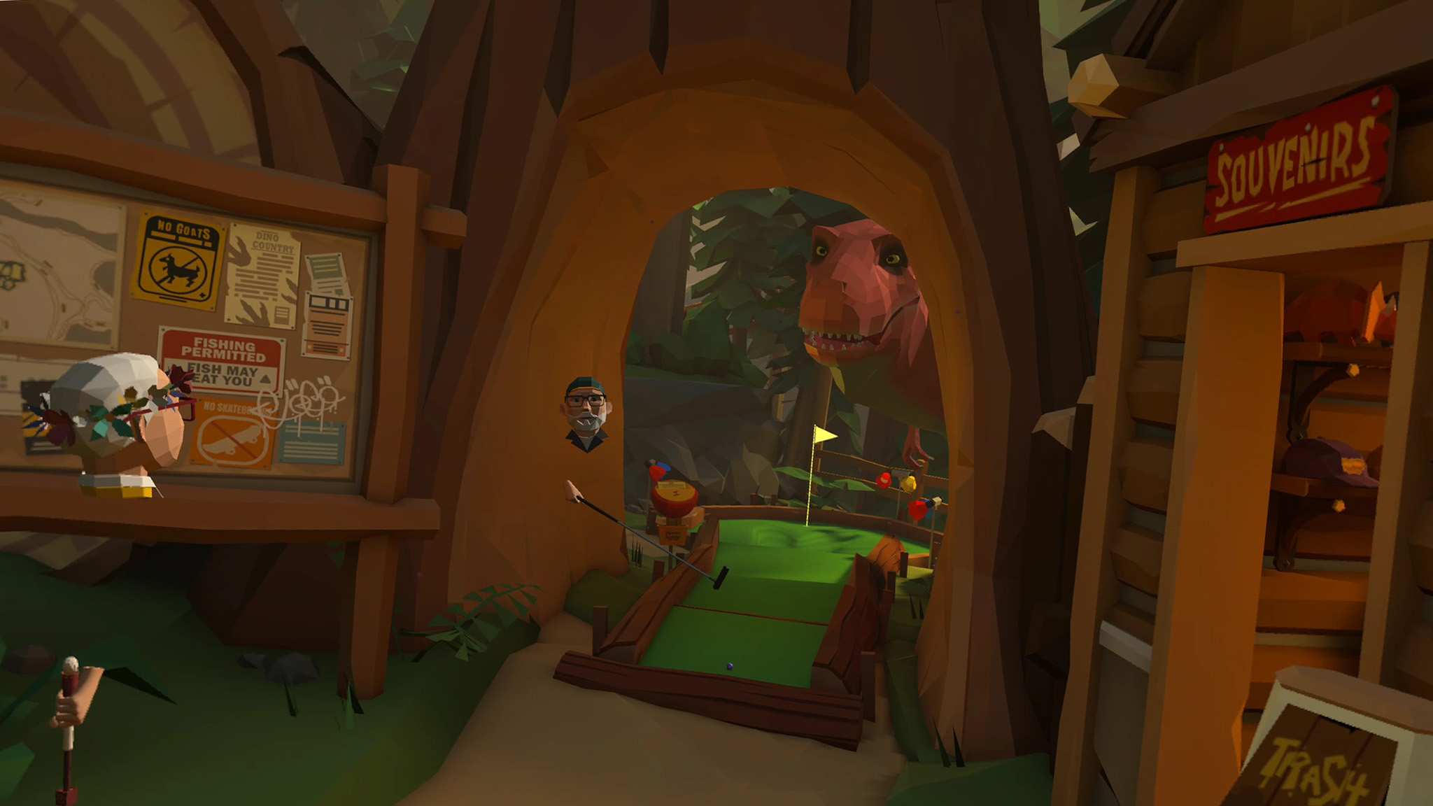 A screenshot of the Raptor Cliff's course in Walkabout Mini Golf taken from a Meta Quest 3 showing a friendly T-Rex looking through a walk-through redwood tree