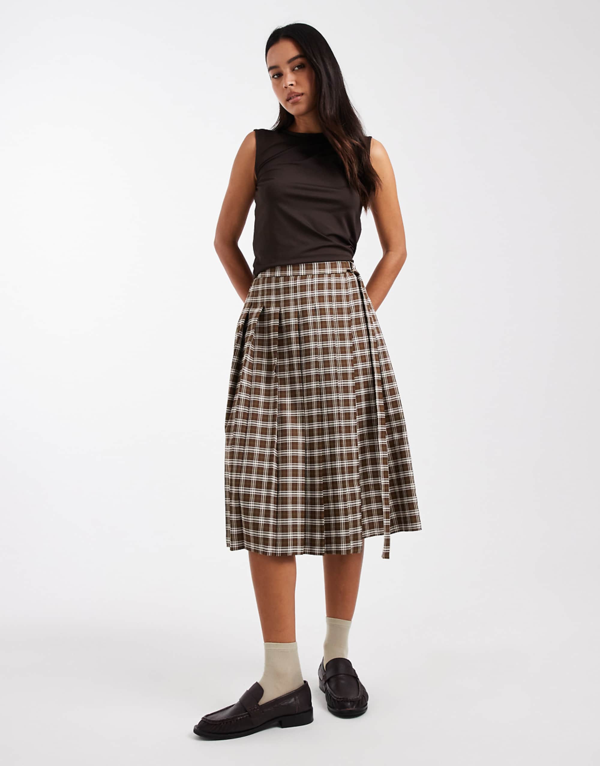 Miss Selfridge Tailored Pleated Midi Skirt in Check