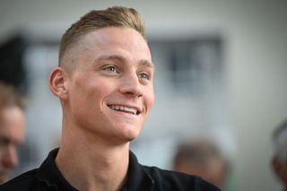 Dutch Mathieu Van Der Poel smiles during the team presentation of the AlpecinDeceuninck cyclocross team at the Deceuninck headquarters in Hooglede on September 15 2022 Belgium OUT Photo by DAVID STOCKMAN BELGA AFP Belgium OUT Photo by DAVID STOCKMANBELGAAFP via Getty Images