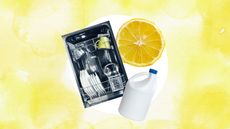 A collage of a dishwasher, bleach bottle and lemon on a yellow background