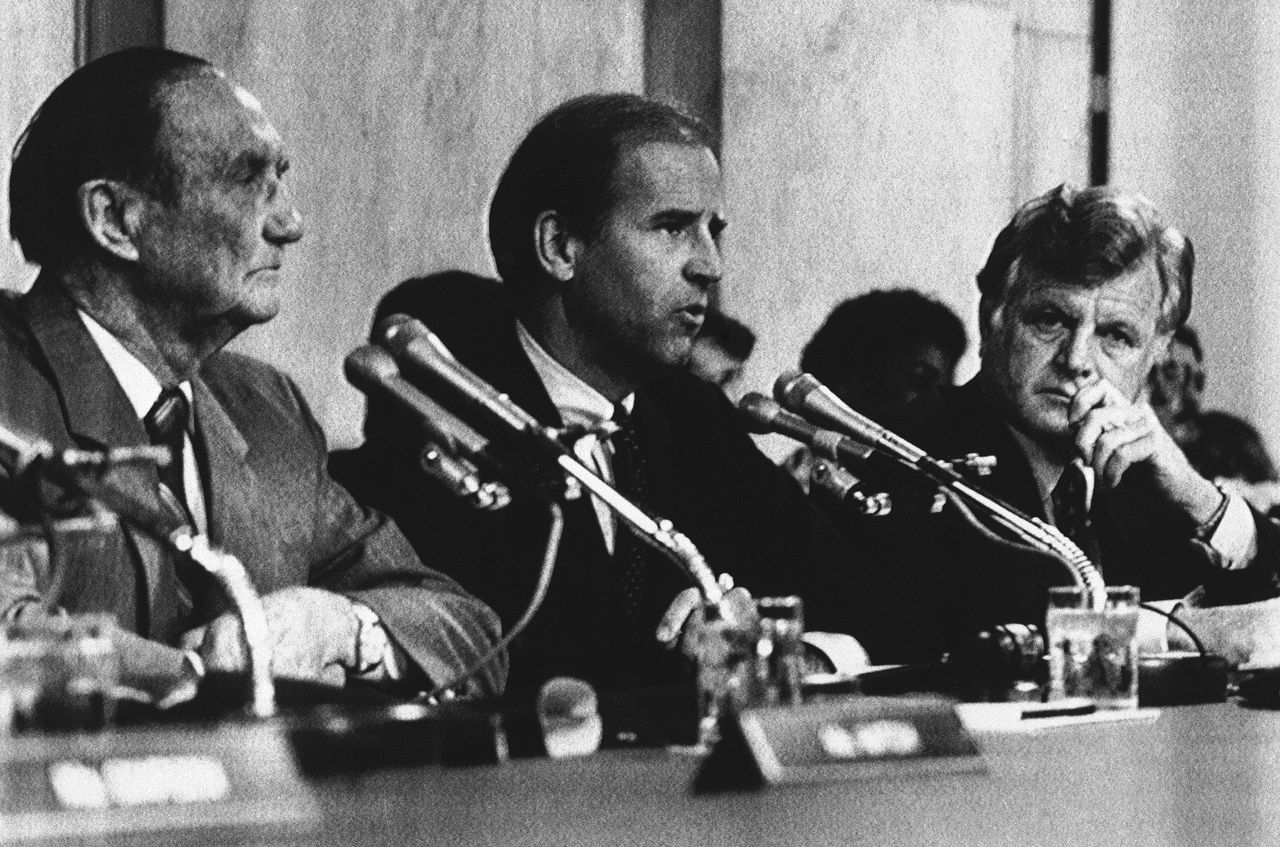 Chairman of the Senate Judiciary Committee Joe Biden D-Del., center, with fellow panel member Sen. Strom Thurmond, R-S.C., left, and Sen. Edward Kennedy, D-Mass., begin confirmation hearings 