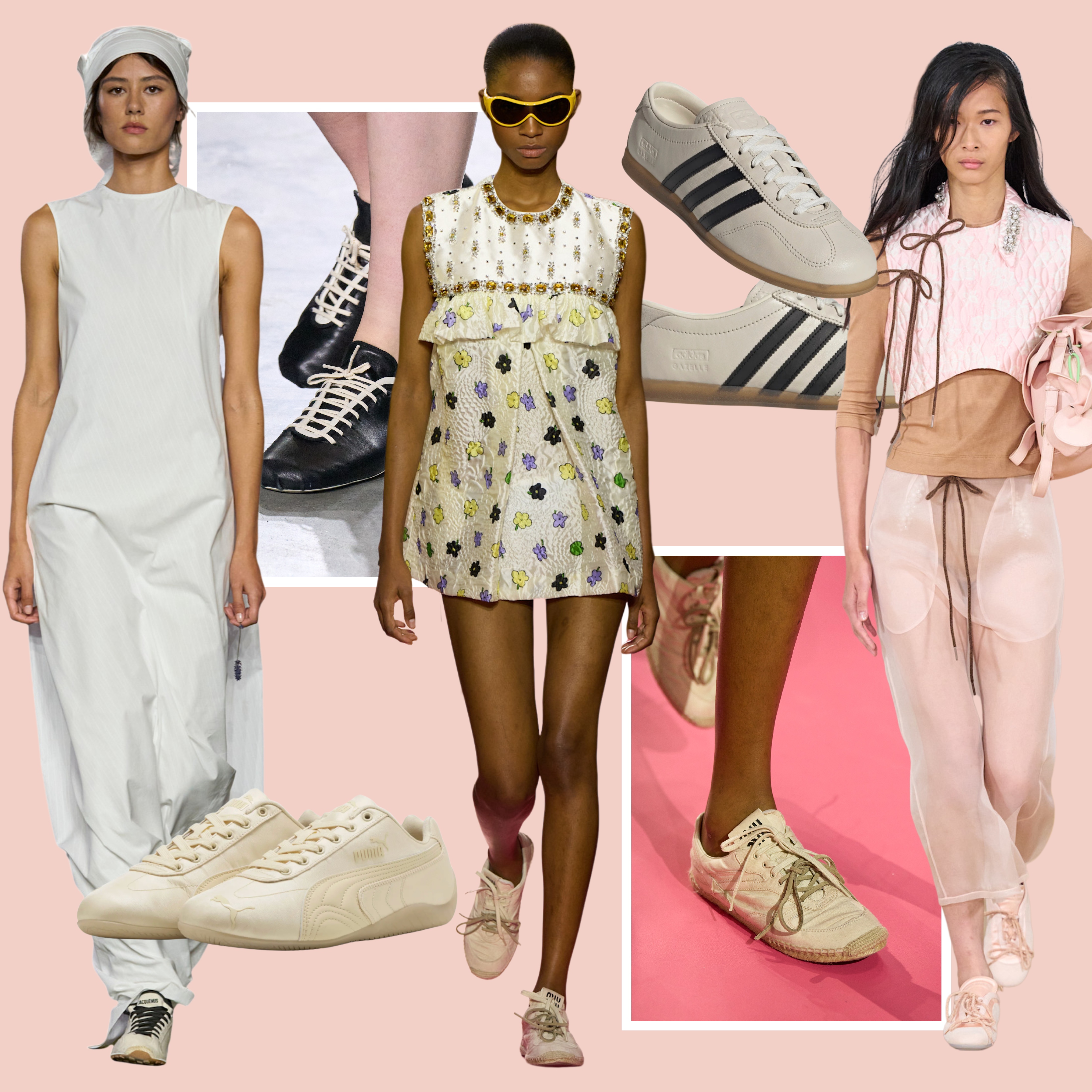 collage of slim sneakers from the spring 2026 runways; collage of slim sneakers from Adidas and Puma 