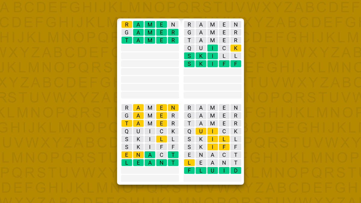 Quordle Daily Sequence answers for game 1730 on a yellow background