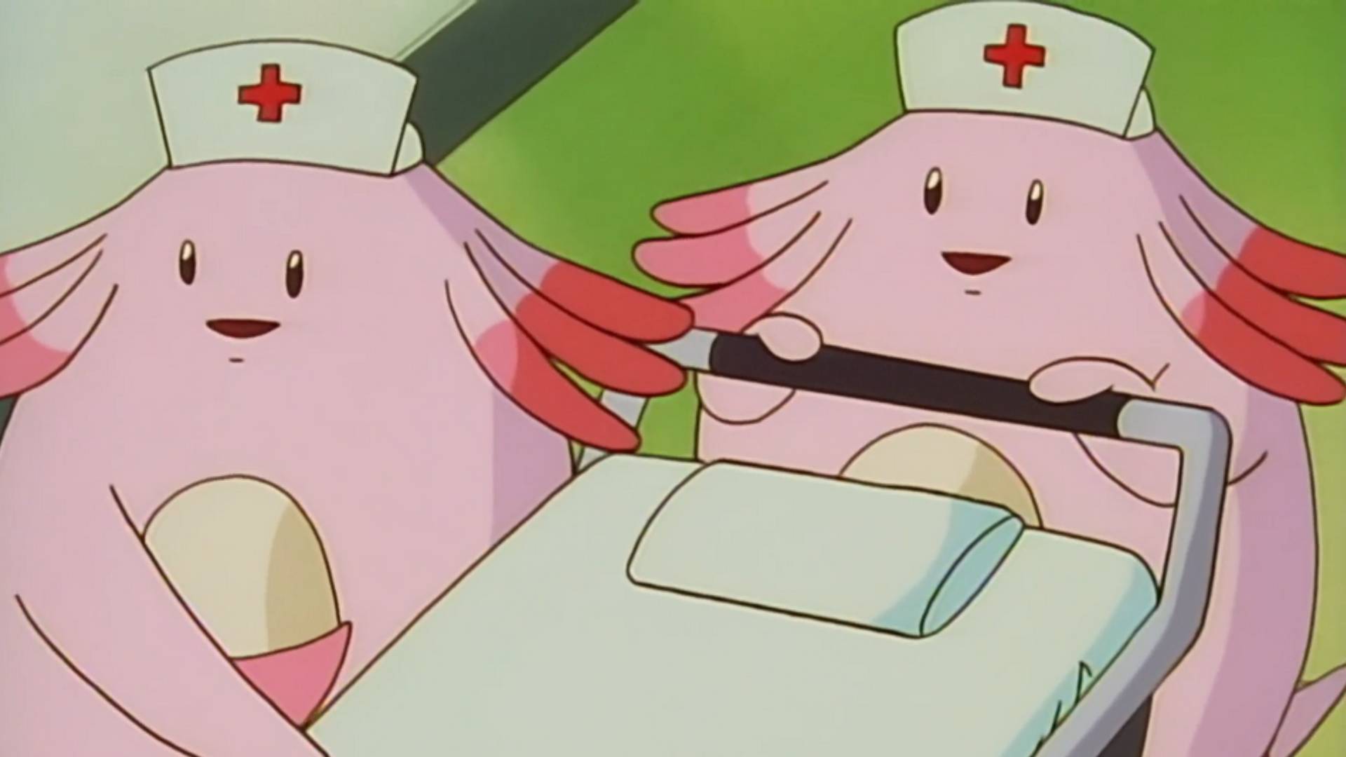 A screenshot of two nurse Chansey from the Pokemon anime episode Pokemon Emergency.