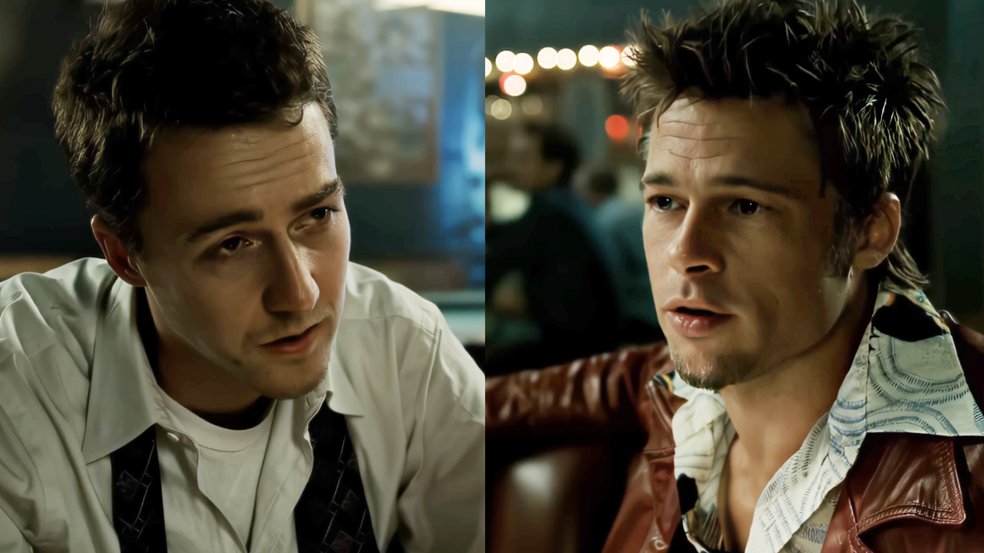 Edward Norton as "Jack" and Brad Pitt as Tyler Durden in the groundbreaking cult classic Fight Club (1999).