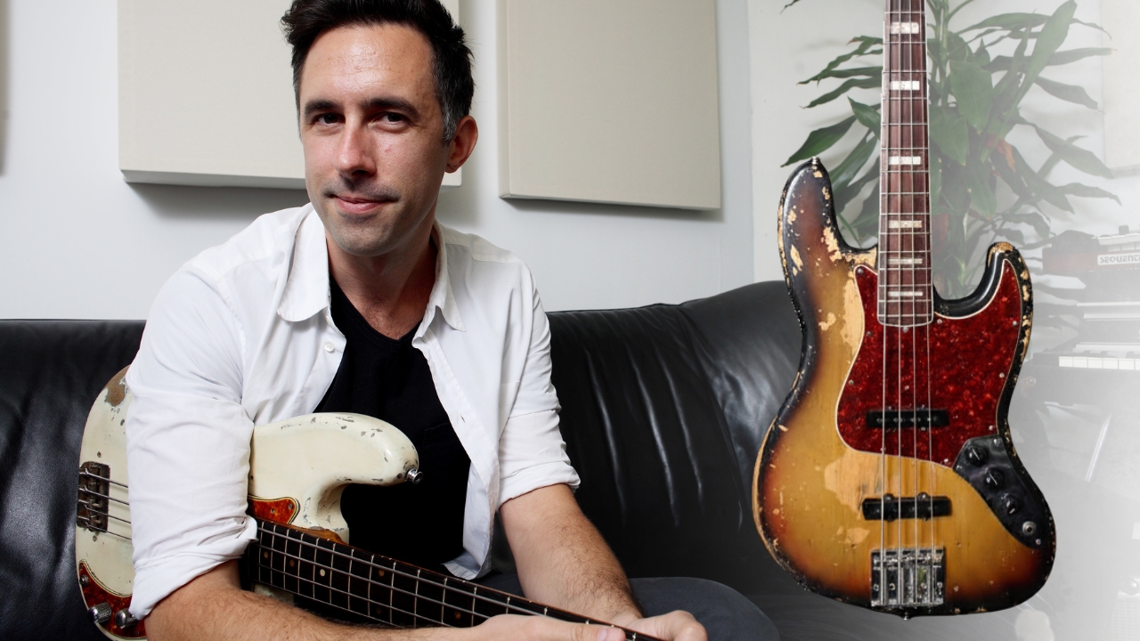 Bassist Sam Dixon pictured with his Fender Jazz Bass