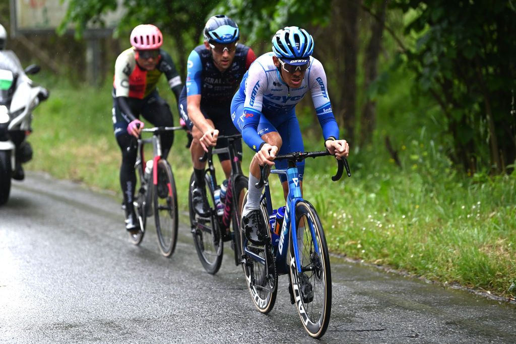 VIAREGGIO ITALY MAY 16 Alessandro De Marchi of Italy and Team Jayco AlUla Magnus Cort of Denmark and Team EF EducationEasyPost and Derek Gee of Canada and Team Israel Premier Tech compete in the breakaway during the 106th Giro dItalia 2023 Stage 10 a 196km stage from Scandiano to Viareggio UCIWT on May 16 2023 in Viareggio Italy Photo by Tim de WaeleGetty Images
