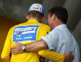 Bernard Hinault and Lance Armstrong in the 2005 Tour de France after the American took yellow in the team time trial