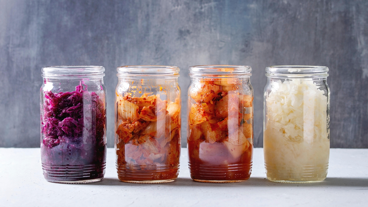 Jars of kimchi and fermented radish salad