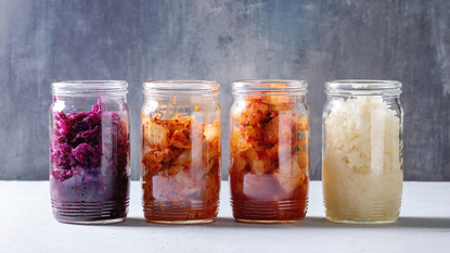 Jars of kimchi and fermented radish salad.