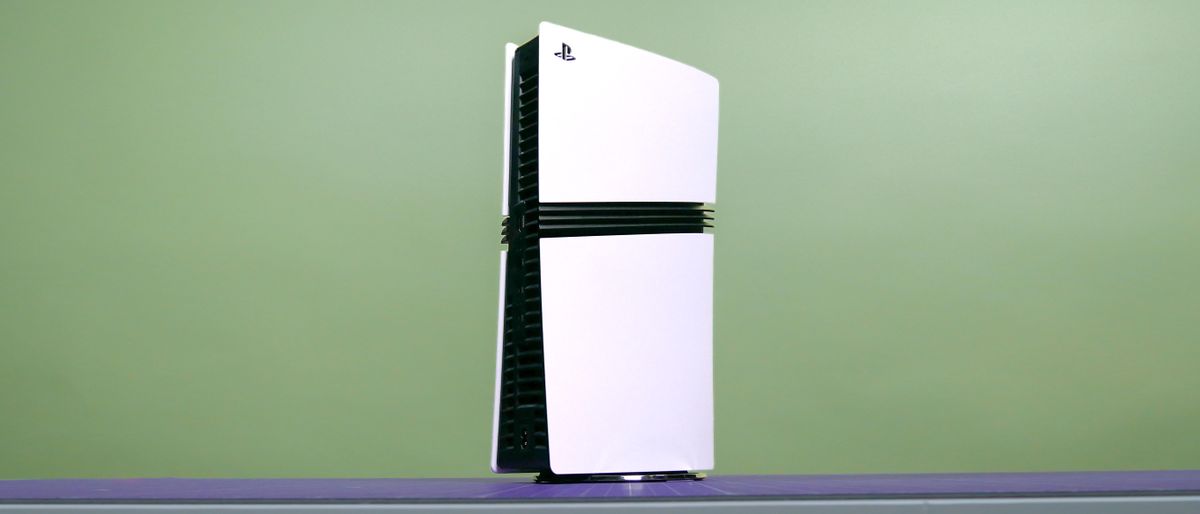 PS5 Pro console standing vertically on a table