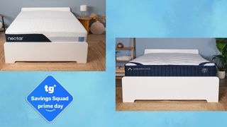 Images of the Nectar Classic and the DreamCloud Classic on a blue background. A Prime Day deals badge is seen in the left foreground. 