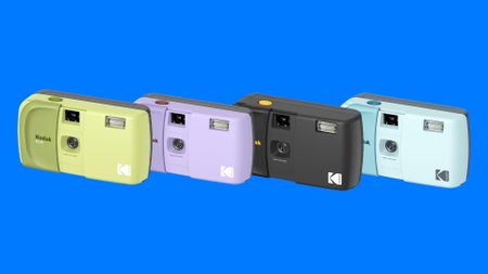 A colourful film camera in three colours