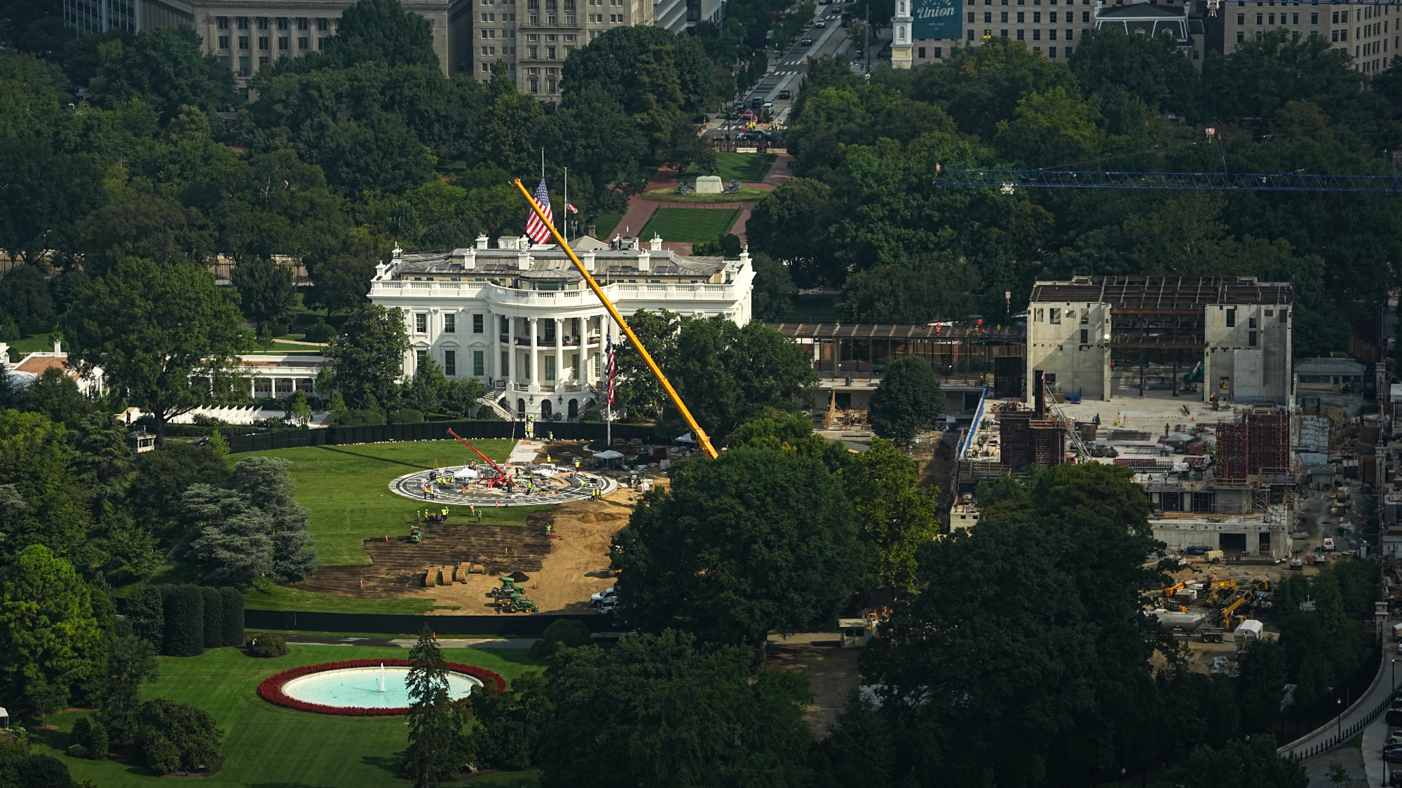 A view of the ongoing construction of a helipad and ballroom at the White House, as seen from the Washington Monument observation deck.