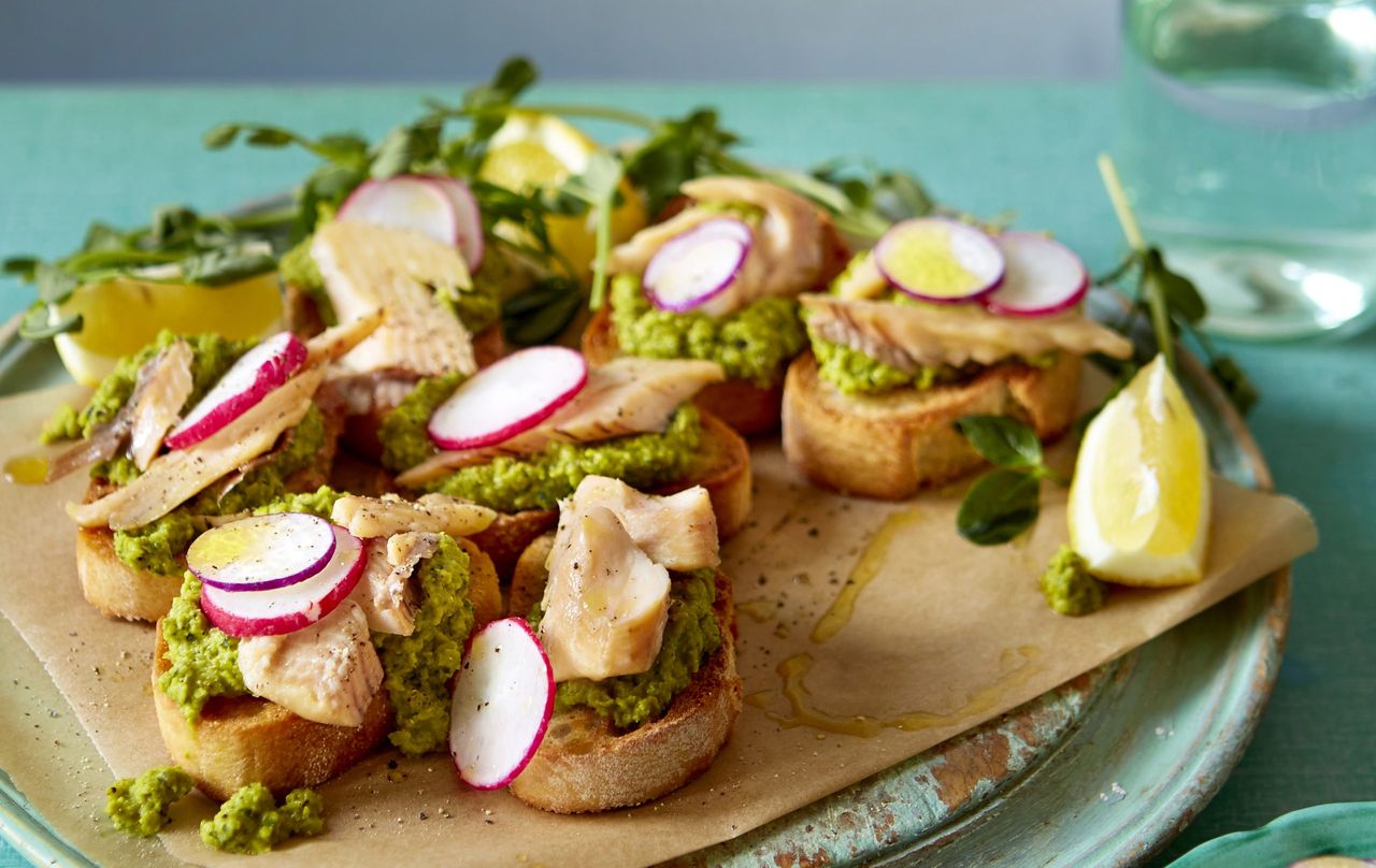 Pea and trout crostini