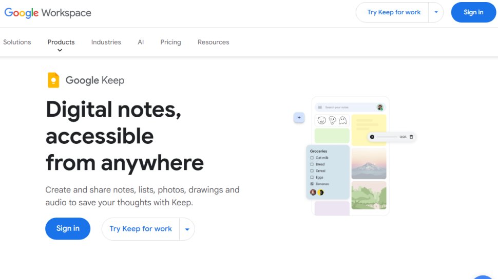 Website screenshot of Google Keep (January, 2026)