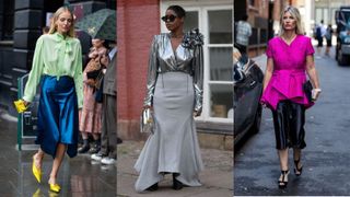 street style influencers showing what to wear to a winter wedding skirt and blouse