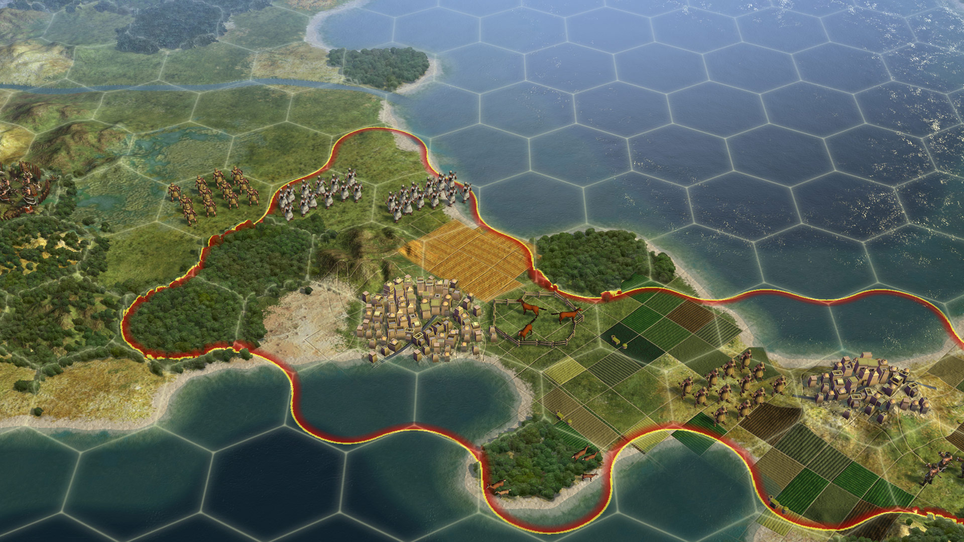 Civilization 5 - A hex grid map in Civ 5 with fields and cities
