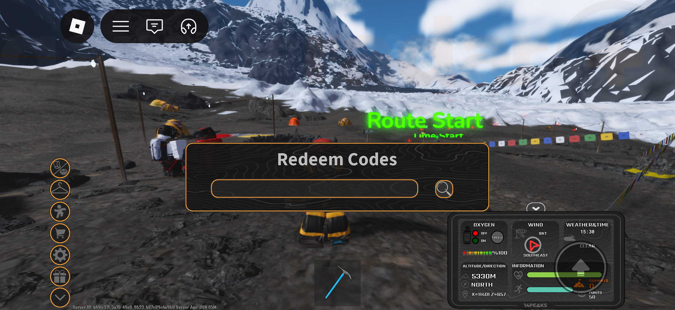 The menu to redeem K2 Climbing Simulation codes