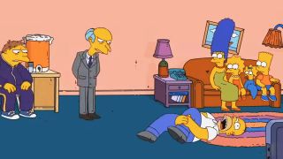 The Simpsons couch gag featuring the family and Mr. Smithers and Barney. 