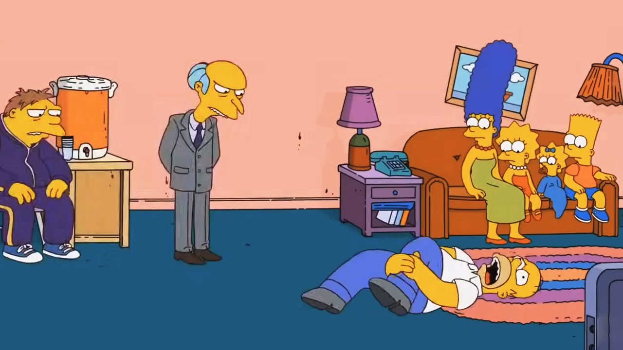 The Simpsons couch gag featuring the family and Mr. Smithers and Barney. 