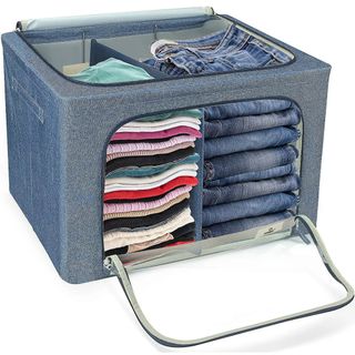 blue under bed storage bag with window and divider