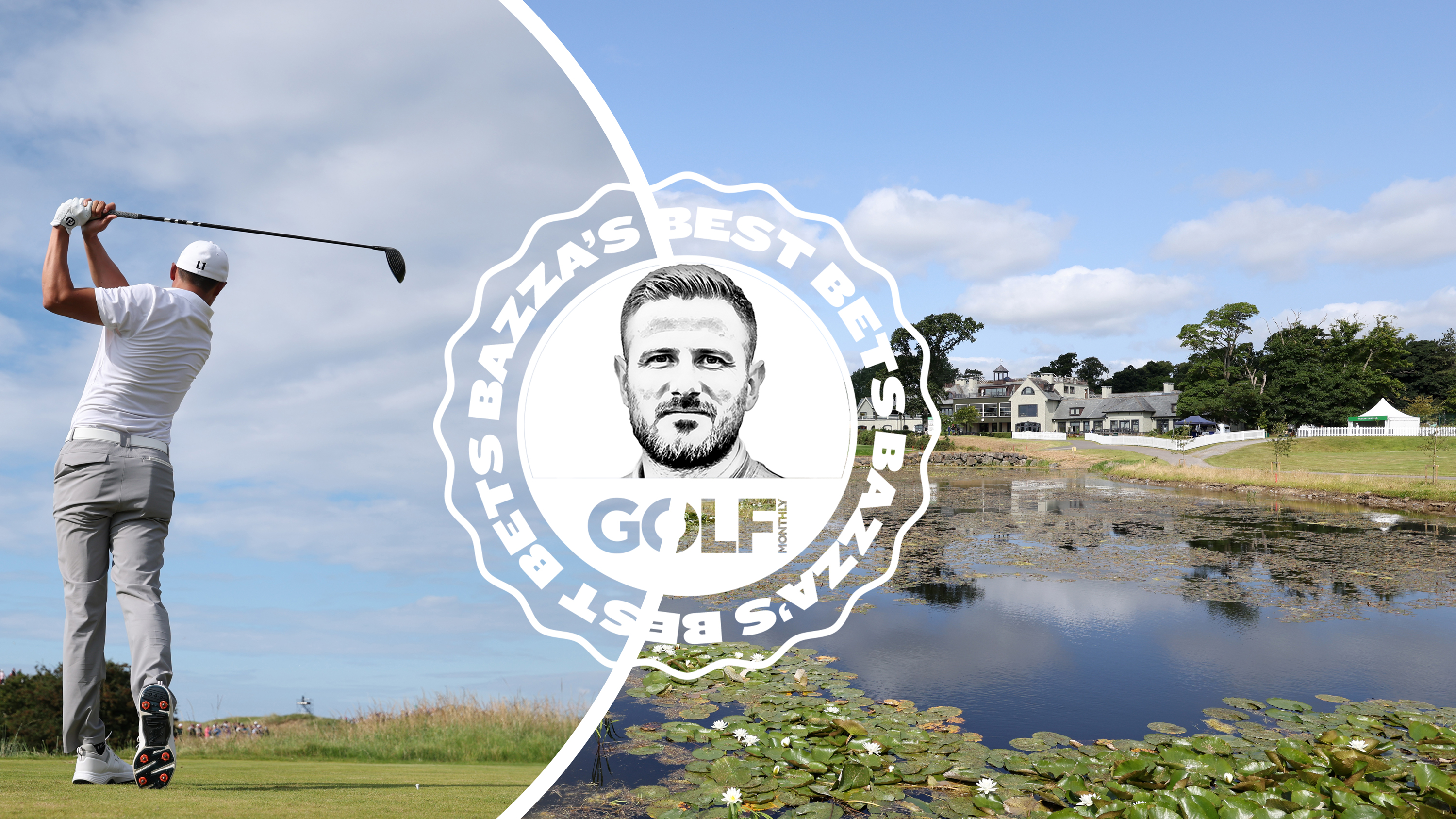 An image of Bazza's best bets outright winner selection for the Irish Open 2025, Haotong Li, hitting a tee shot with driver and an image of the K Club, host venue of the Irish Open 2025, with a Bazza's best bets logo badge layered over the top